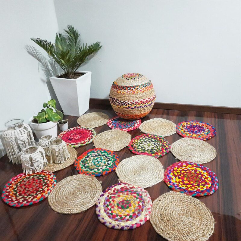 Jute And Chindi Mat – Natural Rugs – Braided Area Rug – – Handmade – 120cm x 120cm (~4 feet X 4 feet) – Avioni Premium Eco Collection