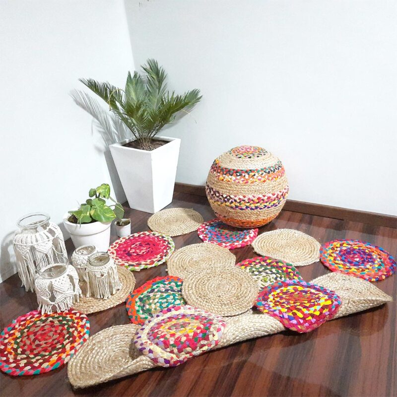 Jute And Chindi Mat – Natural Rugs – Braided Area Rug – – Handmade – 120cm x 120cm (~4 feet X 4 feet) – Avioni Premium Eco Collection