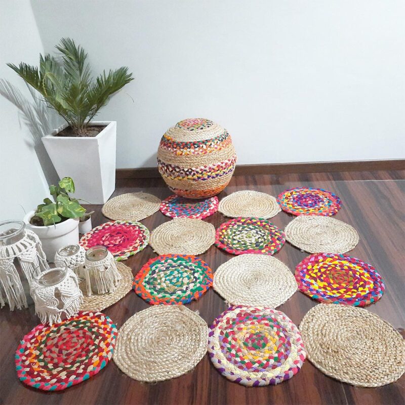 Jute And Chindi Mat – Natural Rugs – Braided Area Rug – – Handmade – 120cm x 120cm (~4 feet X 4 feet) – Avioni Premium Eco Collection