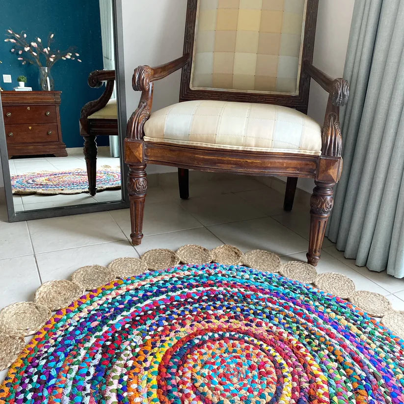 Jute With Chindi Floral Mat – Natural Rugs – Braided Area Rug – – Handmade – 120cm (~4 feet) Round – Avioni Premium Eco Collection
