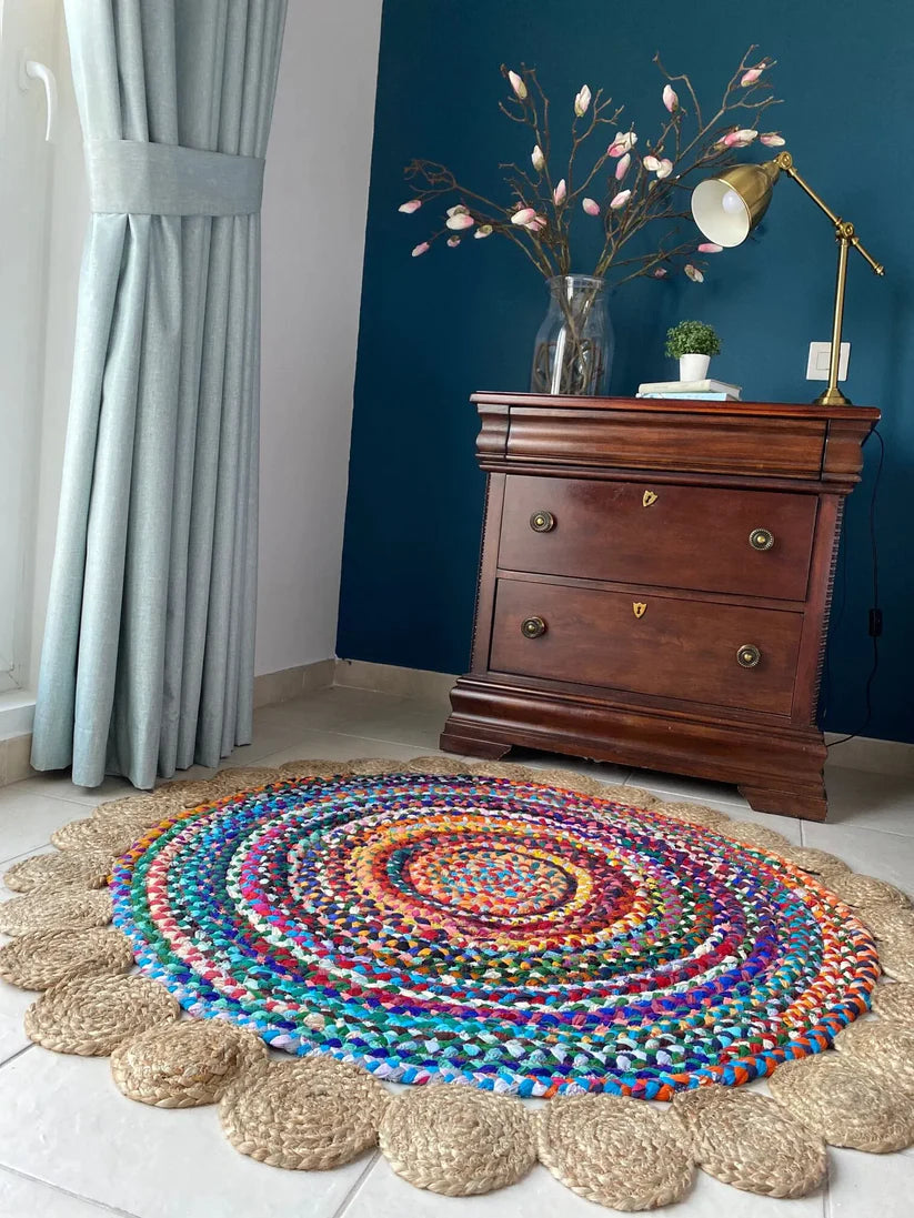 Jute With Chindi Floral Mat – Natural Rugs – Braided Area Rug – – Handmade – 120cm (~4 feet) Round – Avioni Premium Eco Collection