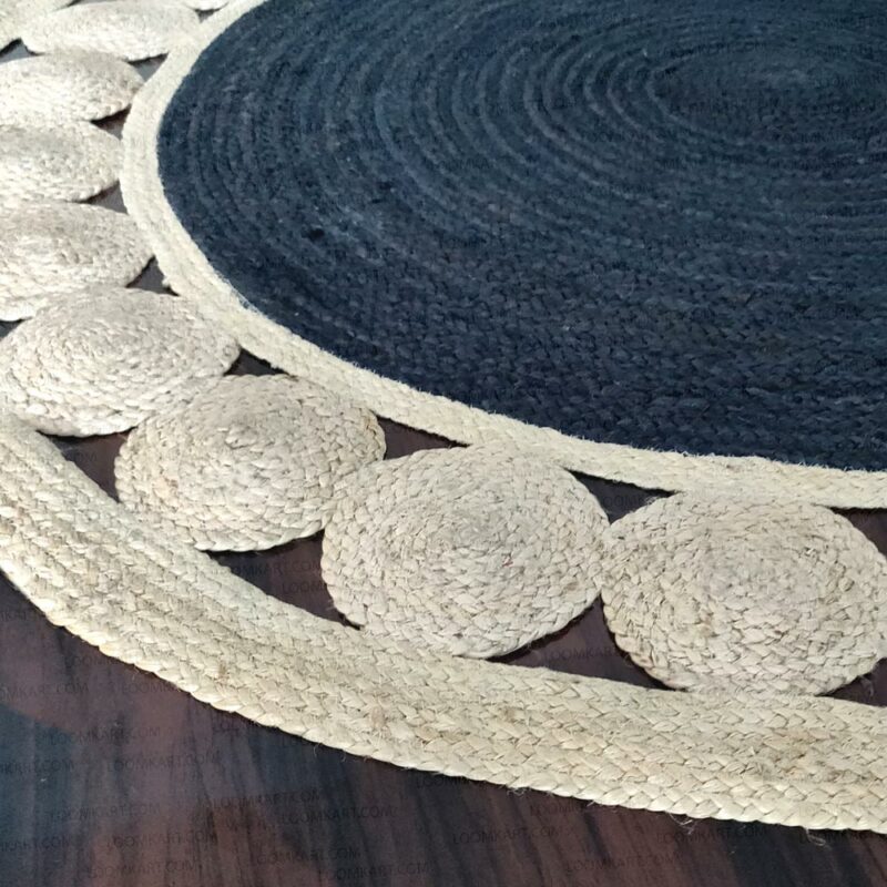 Jute Mat – Natural Rugs – Braided Area Rug – Grey With Jute Border – Handmade & Unbleached – 150cm (~5 feet) Round- Avioni Premium Eco Collection-XXL SIZE