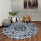 Avioni Home Contemporary Collection -Handmade Jeans With Jute Round With Tikki Floral Look -Multiple Designs