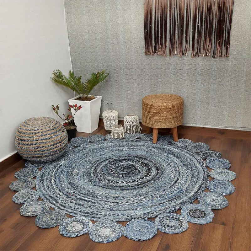 Avioni Home Contemporary Collection -Handmade Jeans With Jute Round With Tikki Floral Look -Multiple Designs