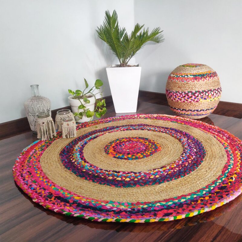 Braided Rug in Ecofriendly Recycled Cotton Chindi and Jute – Colorful Contemporary Design – 150cm (~5Feet Diameter)- Avioni Premium Eco Collection