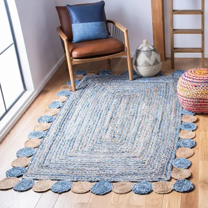 Avioni Home Eco Collection – Denim & Jute Braided Rug with Round Circle Border-122 cms x 182 cms