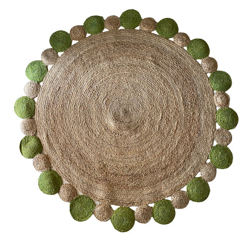 Jute Mat – Natural Rugs – Braided Area Rug – Green Border – Handmade & Unbleached – 150 cm (~5 feet) Round – Avioni Premium Eco Collection