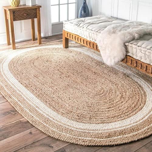 Jute (Natural and Bleached Jute) Handmade Braided Oval Shaped Rugs | Natural & White Double Border Jute Area Rug | Avioni- Premium Collection