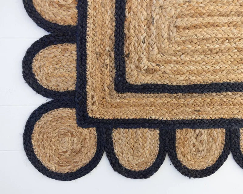 Jute (Natural and Dyed Jute) Handmade Braided Rugs | Natural & Black Scalloped Area Rug | Avioni- Premium Collection