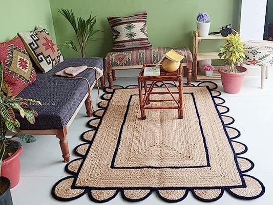 Jute (Natural and Dyed Jute) Handmade Braided Rugs | Natural & Black Scalloped Area Rug | Avioni- Premium Collection