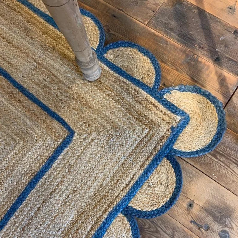 Jute (Natural and Dyed Jute) Handmade Braided Rugs | Natural & Blue Scalloped Area Rug | Avioni- Premium Collection