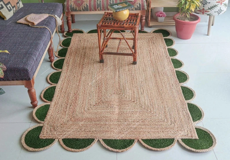 Jute (Natural and Dyed Jute) Handmade Braided Rugs | Natural & Green Scalloped Area Rug | Avioni- Premium Collection