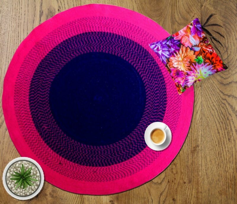 Avioni Cotton Braided Flower Look Pink And Blue Area Rug (Warm Look For Winters) 140CMS (Diameter) round, “Nature Collection”