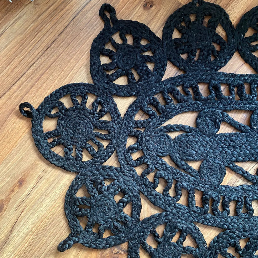 Avioni Braided Black Dyed Jute Ecofriendly Carpet Temple Design Oval Shape-Boho Collection- 120 cm x 180 cm (~4 feet X 6 feet)