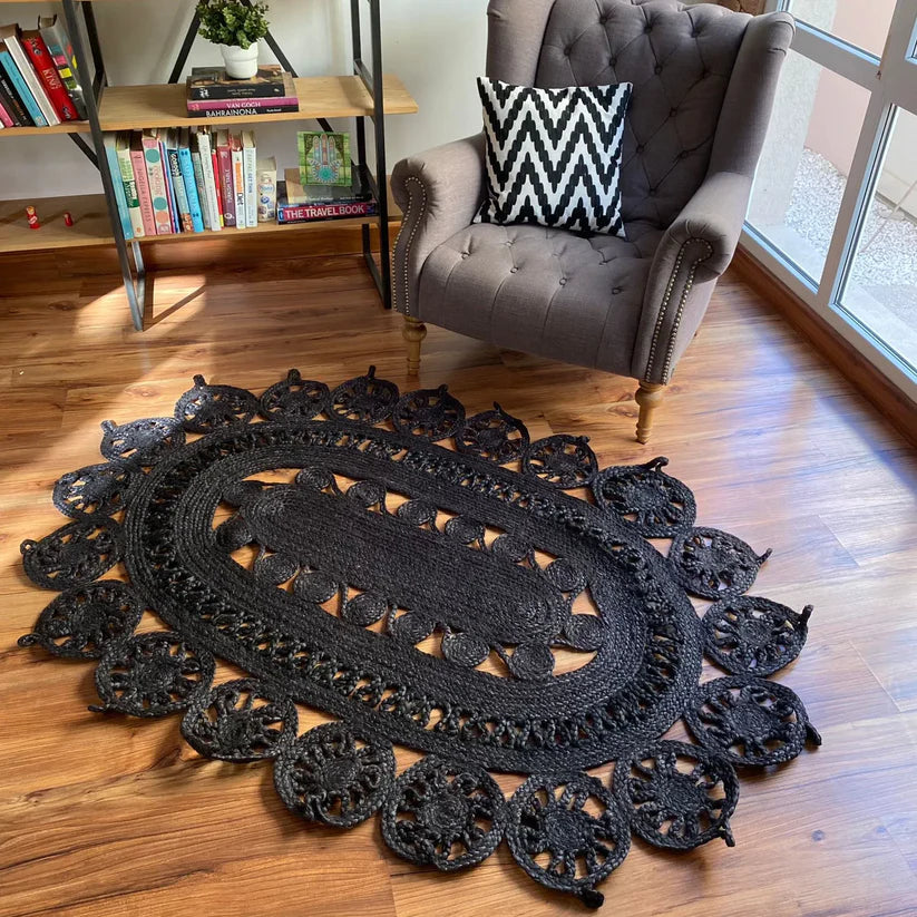 Avioni Braided Black Dyed Jute Ecofriendly Carpet Temple Design Oval Shape-Boho Collection- 120 cm x 180 cm (~4 feet X 6 feet)