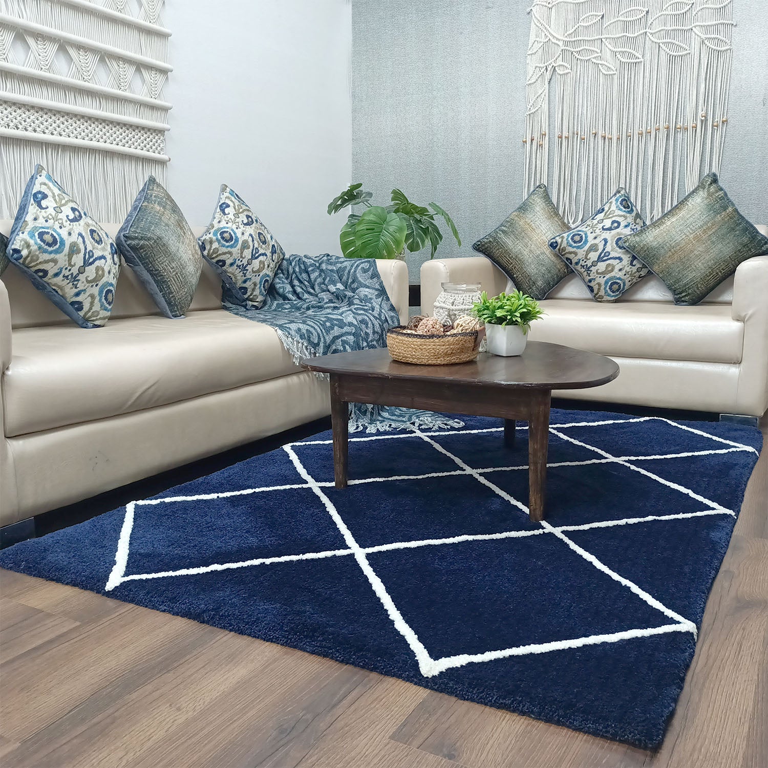 Avioni Home Atlas Collection - Moroccan Style Microfiber Carpet In Navy | Soft, Non-Slip, Easy to Clean