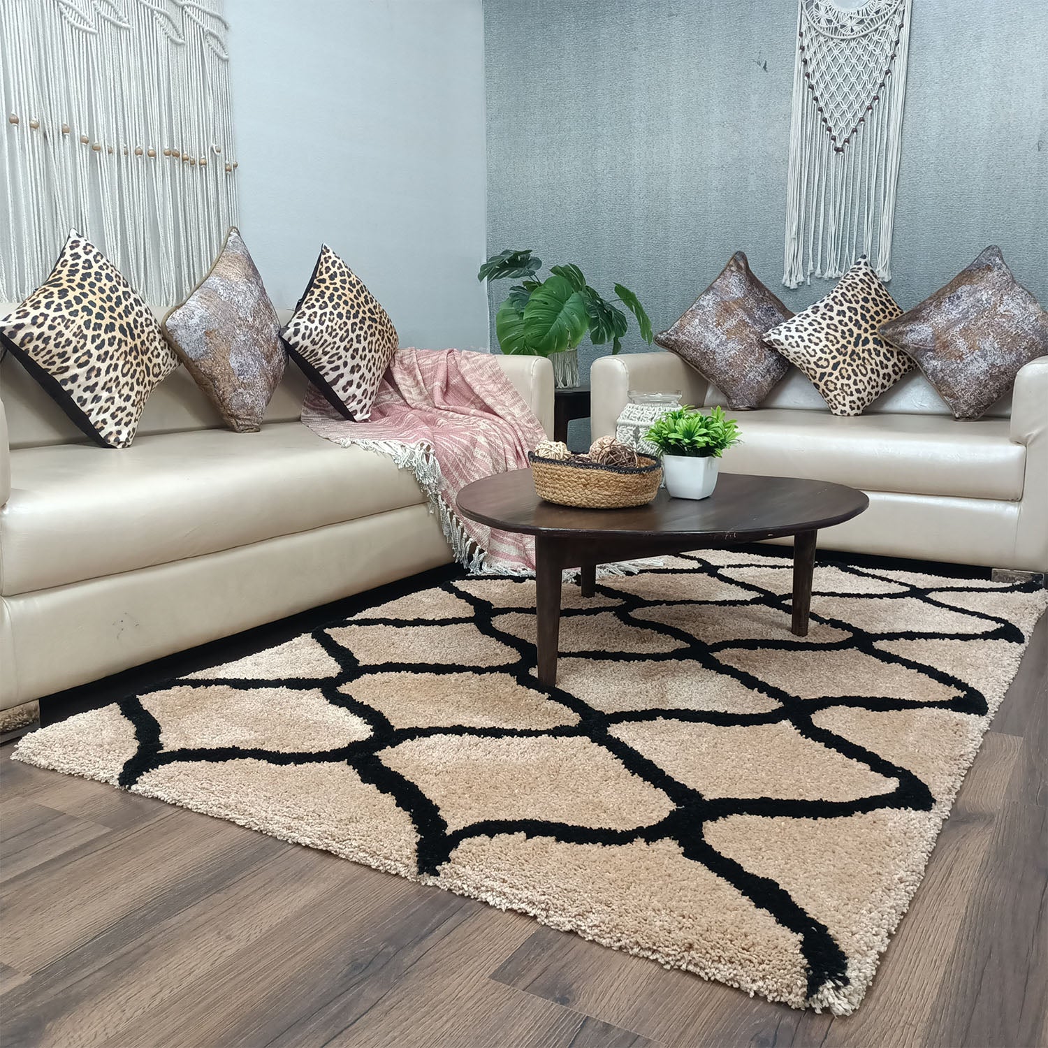 Avioni Home Atlas Collection - Moroccan Style Microfiber Carpet In Beige and Black | Soft, Non-Slip, Easy to Clean