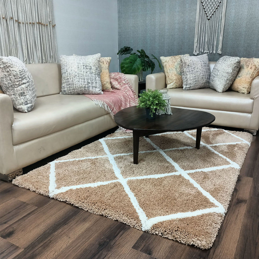 Avioni Home Atlas Collection - Moroccan Style Microfiber Carpet In Beige and White | Soft, Non-Slip, Easy to Clean