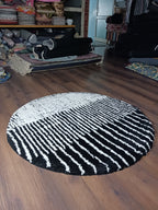 Avioni Home Atlas Collection - Moroccan Style Microfiber Round Carpet In White & Black| Soft, Non-Slip, Easy to Clean
