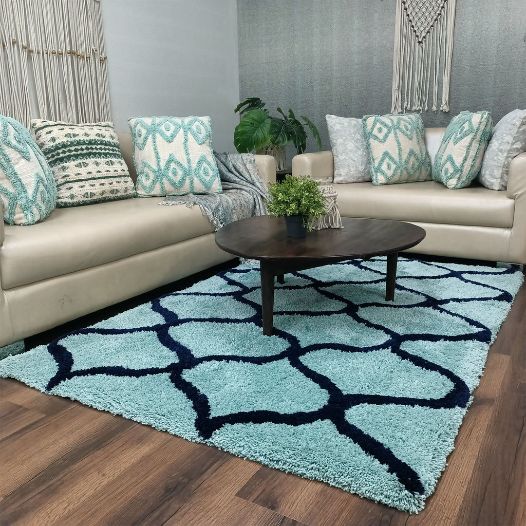 Avioni Home Atlas Collection - Moroccan Style Microfiber Carpet In Aqua and Black | Soft, Non-Slip, Easy to Clean