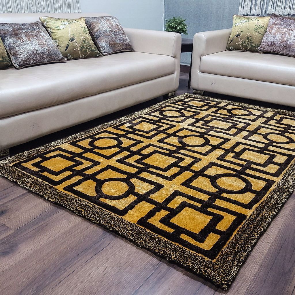 Avioni Modern Collection- Micro Dark Coffee & Yellow/Mustard With Geometric Design Tufted Carpet-Different Sizes Shaggy Fluffy Rugs and Carpet for Living Room