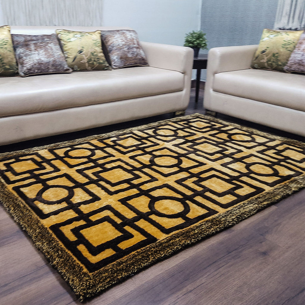 Avioni Modern Collection- Micro Dark Coffee & Yellow/Mustard With Geometric Design Tufted Carpet-Different Sizes Shaggy Fluffy Rugs and Carpet for Living Room