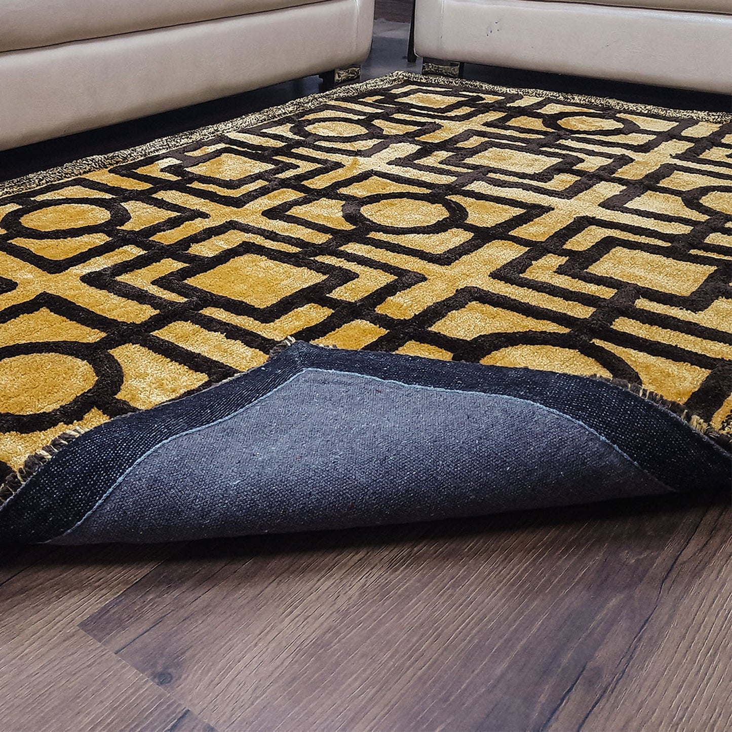 Avioni Modern Collection- Micro Dark Coffee & Yellow/Mustard With Geometric Design Tufted Carpet-Different Sizes Shaggy Fluffy Rugs and Carpet for Living Room