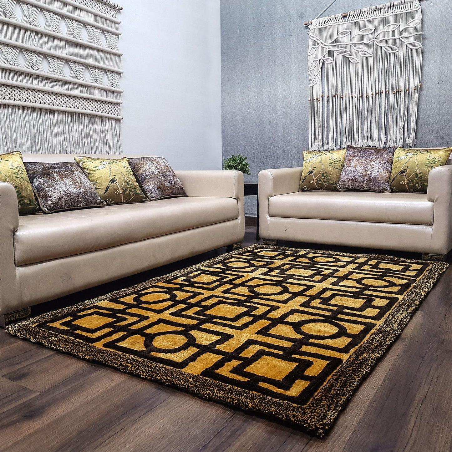 Avioni Modern Collection- Micro Dark Coffee & Yellow/Mustard With Geometric Design Tufted Carpet-Different Sizes Shaggy Fluffy Rugs and Carpet for Living Room