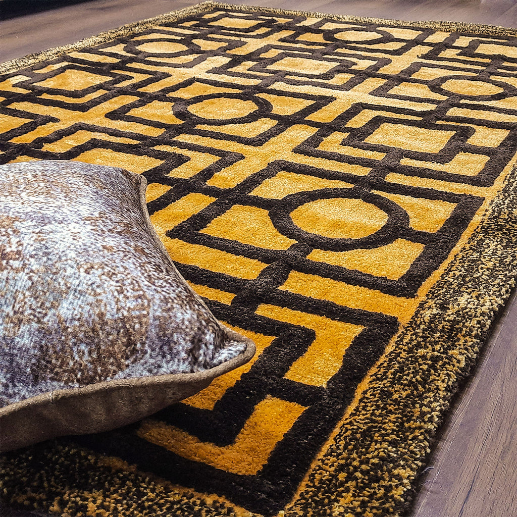 Avioni Modern Collection- Micro Dark Coffee & Yellow/Mustard With Geometric Design Tufted Carpet-Different Sizes Shaggy Fluffy Rugs and Carpet for Living Room