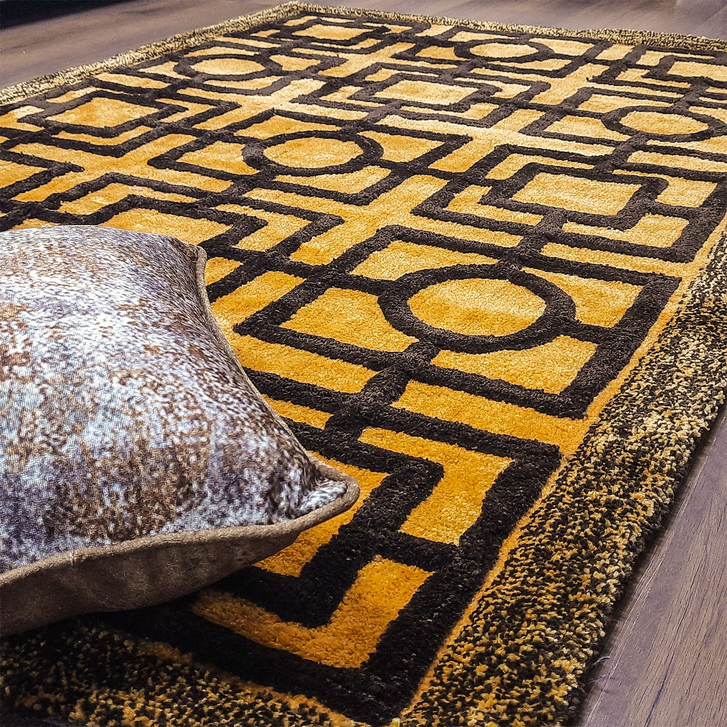 Avioni Modern Collection- Micro Dark Coffee & Yellow/Mustard With Geometric Design Tufted Carpet-Different Sizes Shaggy Fluffy Rugs and Carpet for Living Room