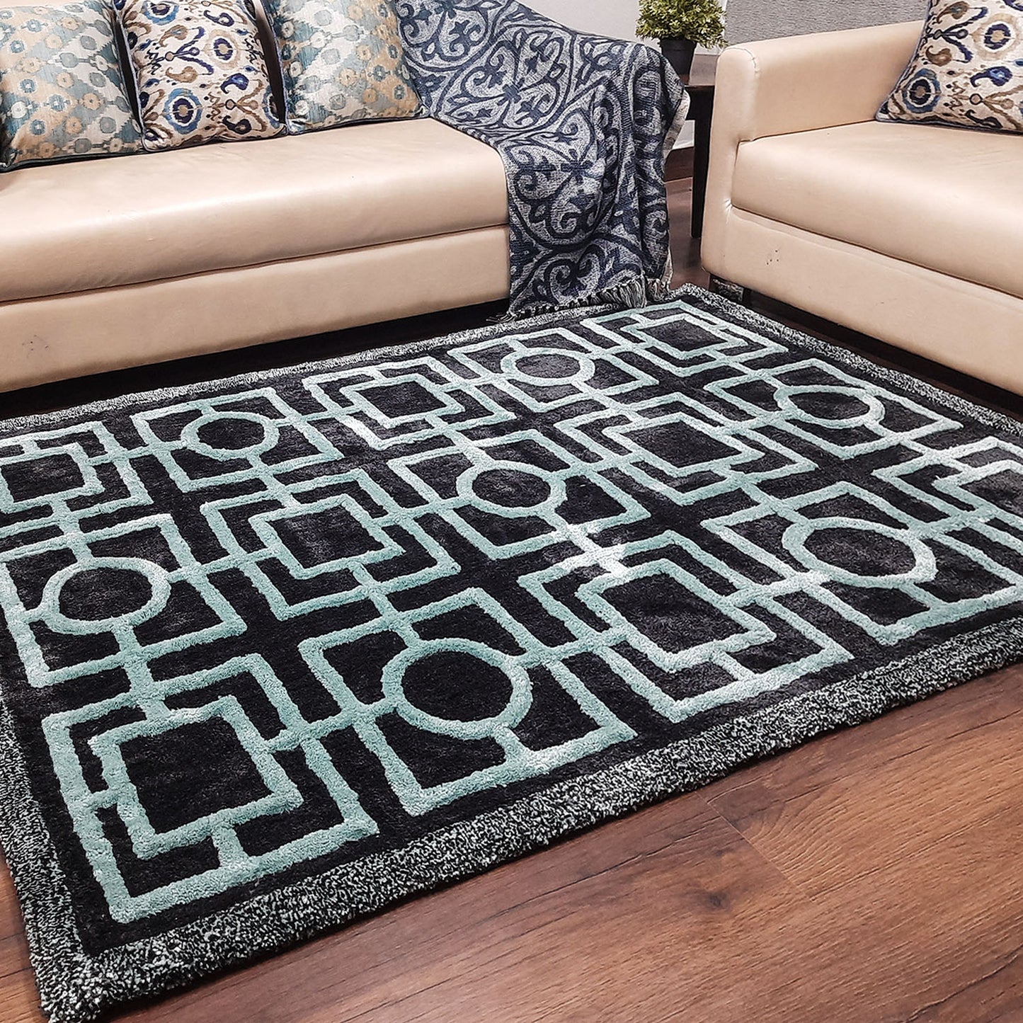 Avioni Modern Collection- Micro Black & Grey With Geometric Design Tufted Carpet-Different Sizes Shaggy Fluffy Rugs and Carpet for Living Room