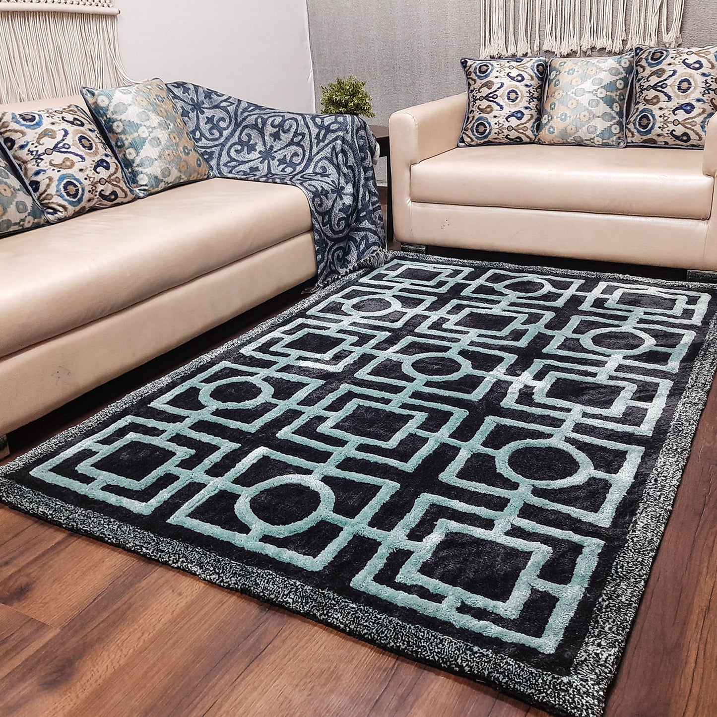 Avioni Modern Collection- Micro Black & Grey With Geometric Design Tufted Carpet-Different Sizes Shaggy Fluffy Rugs and Carpet for Living Room