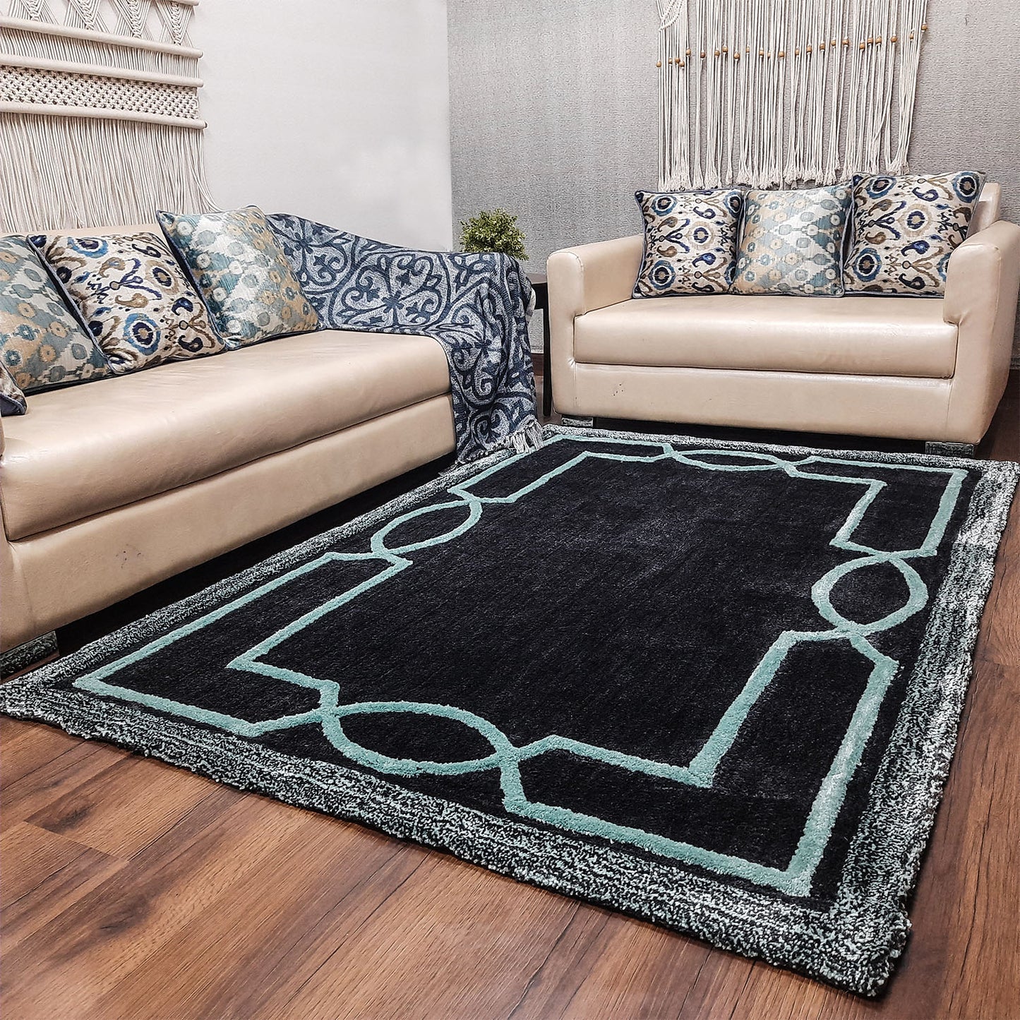 Avioni Luxury Collection- Plush Luxury Dark Grey and Aqua Tone Carpet with 3d Traditional Design -Different Sizes Shaggy Fluffy Rugs and Carpet for Living Room