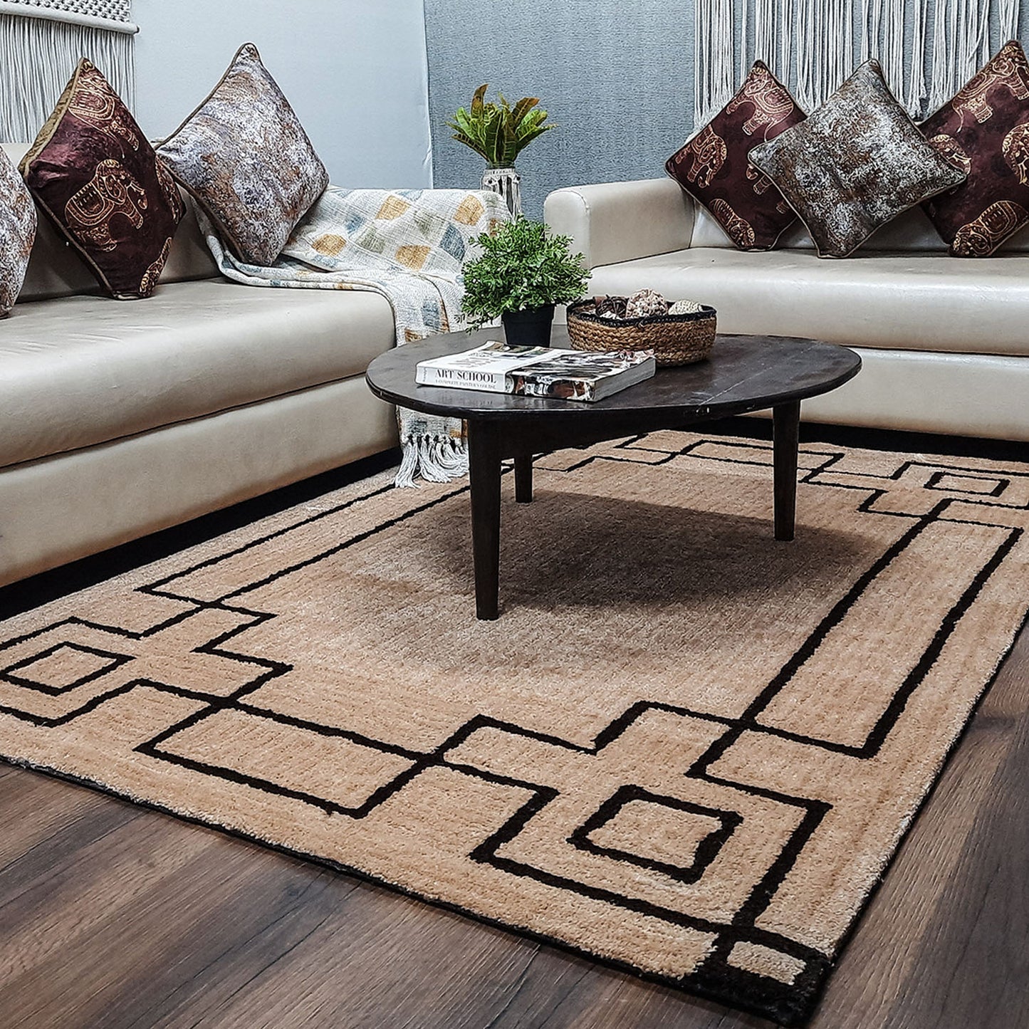 Avioni Luxury Collection- Plush Luxury Beige and CoffeeTone Carpet with 3d Traditional Design -Different Sizes Shaggy Fluffy Rugs and Carpet for Living Room