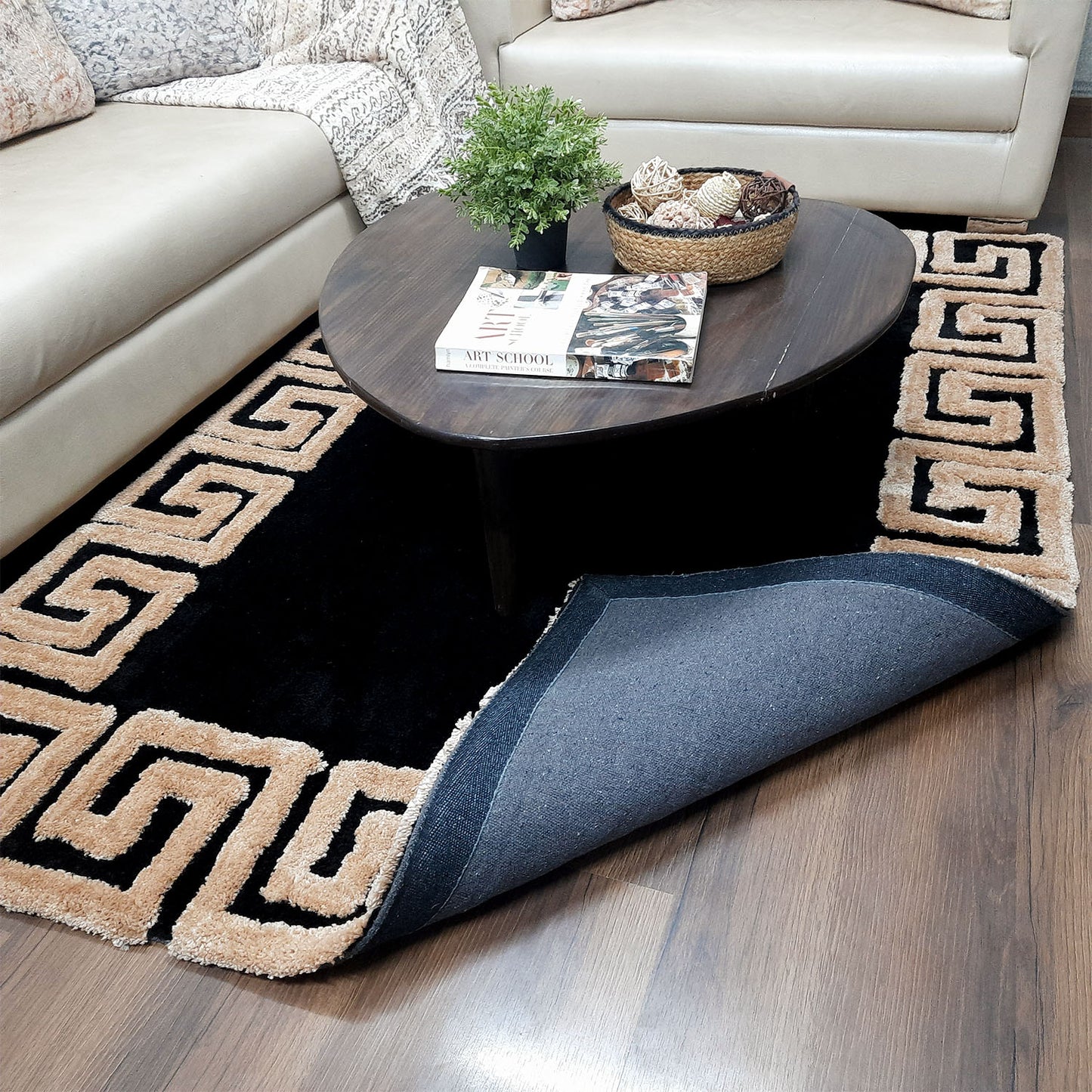 Avioni Atlas Collection- Micro Black with 3D Beige Designer Border -Different Sizes Shaggy Fluffy Rugs and Carpet for Living Room