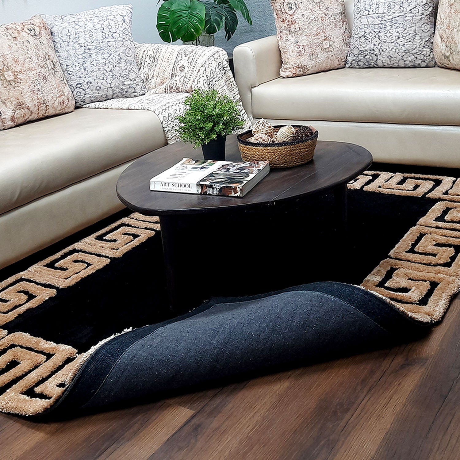Avioni Atlas Collection- Micro Black with 3D Beige Designer Border -Different Sizes Shaggy Fluffy Rugs and Carpet for Living Room