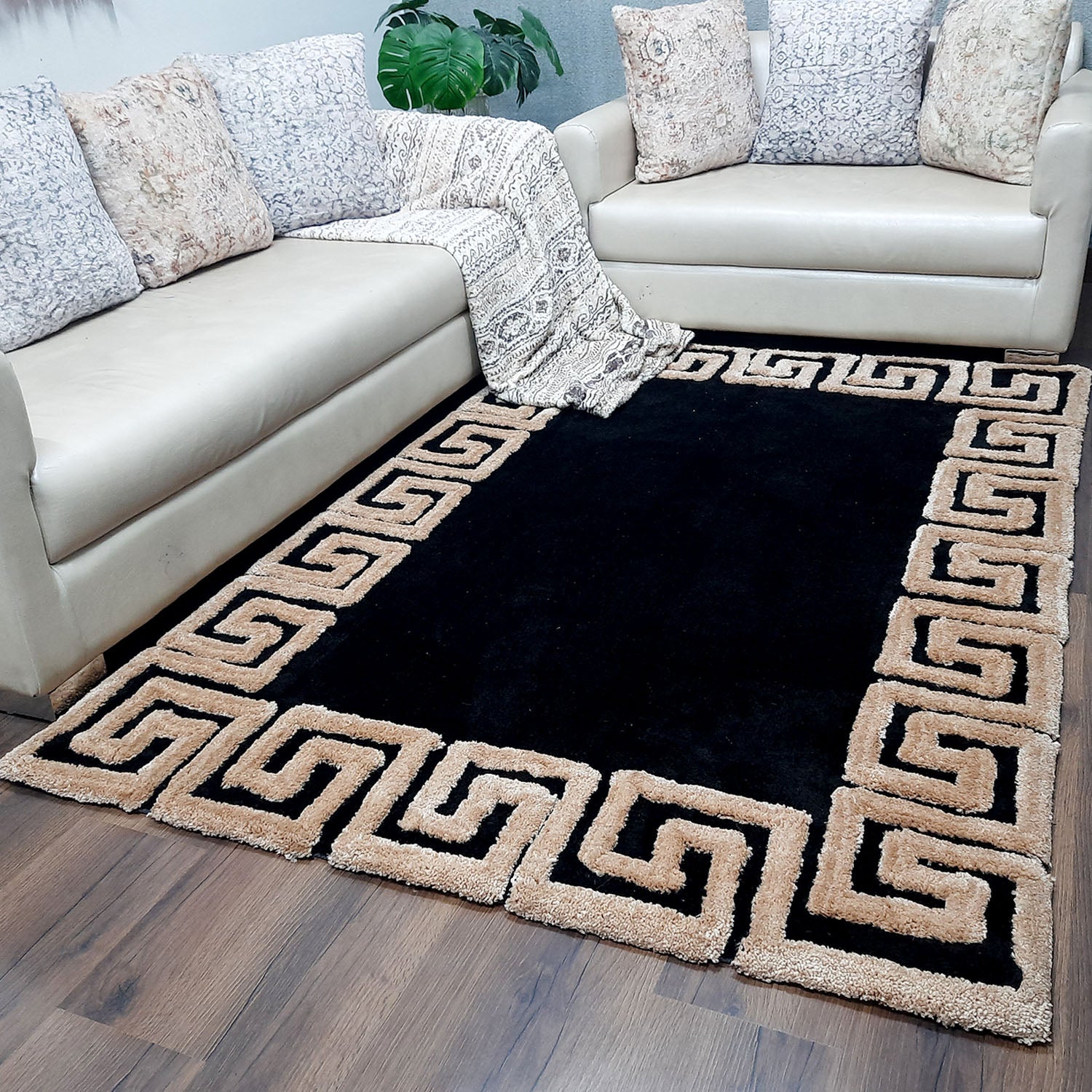 Avioni Atlas Collection- Micro Black with 3D Beige Designer Border -Different Sizes Shaggy Fluffy Rugs and Carpet for Living Room