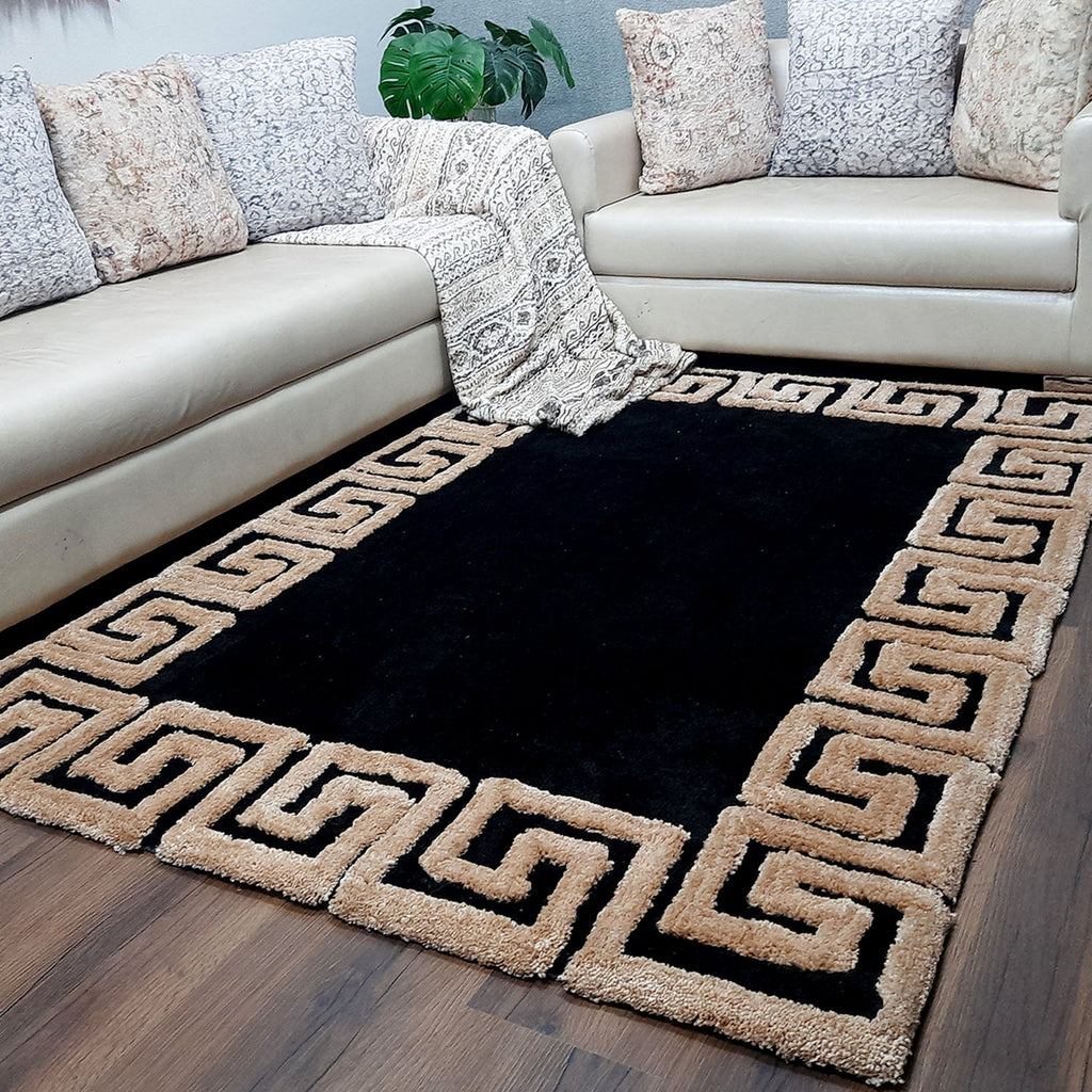 Avioni Atlas Collection- Micro Black with 3D Beige Designer Border -Different Sizes Shaggy Fluffy Rugs and Carpet for Living Room