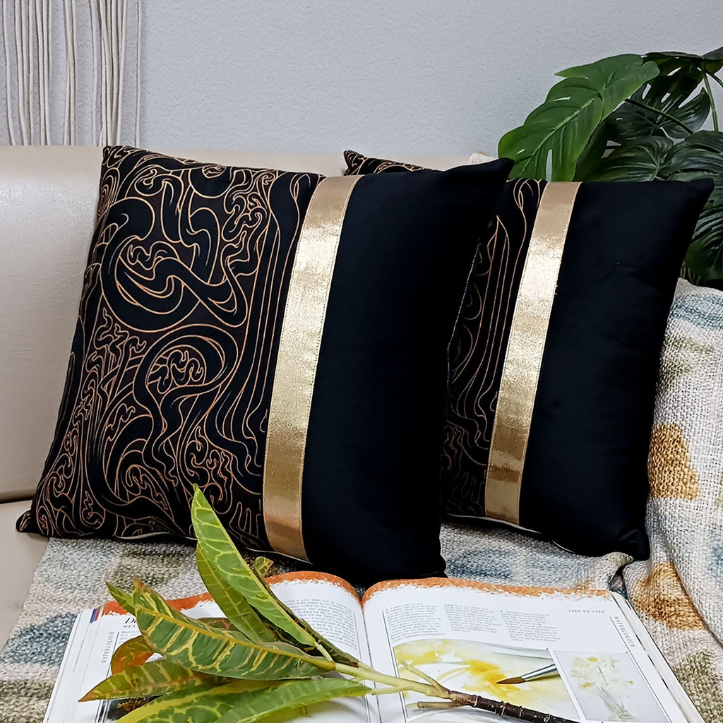 Cushion Covers Super Soft – Beautiful Golden Touch Black Abstract Design  –  40cm x 40cm (~16″ x 16″)