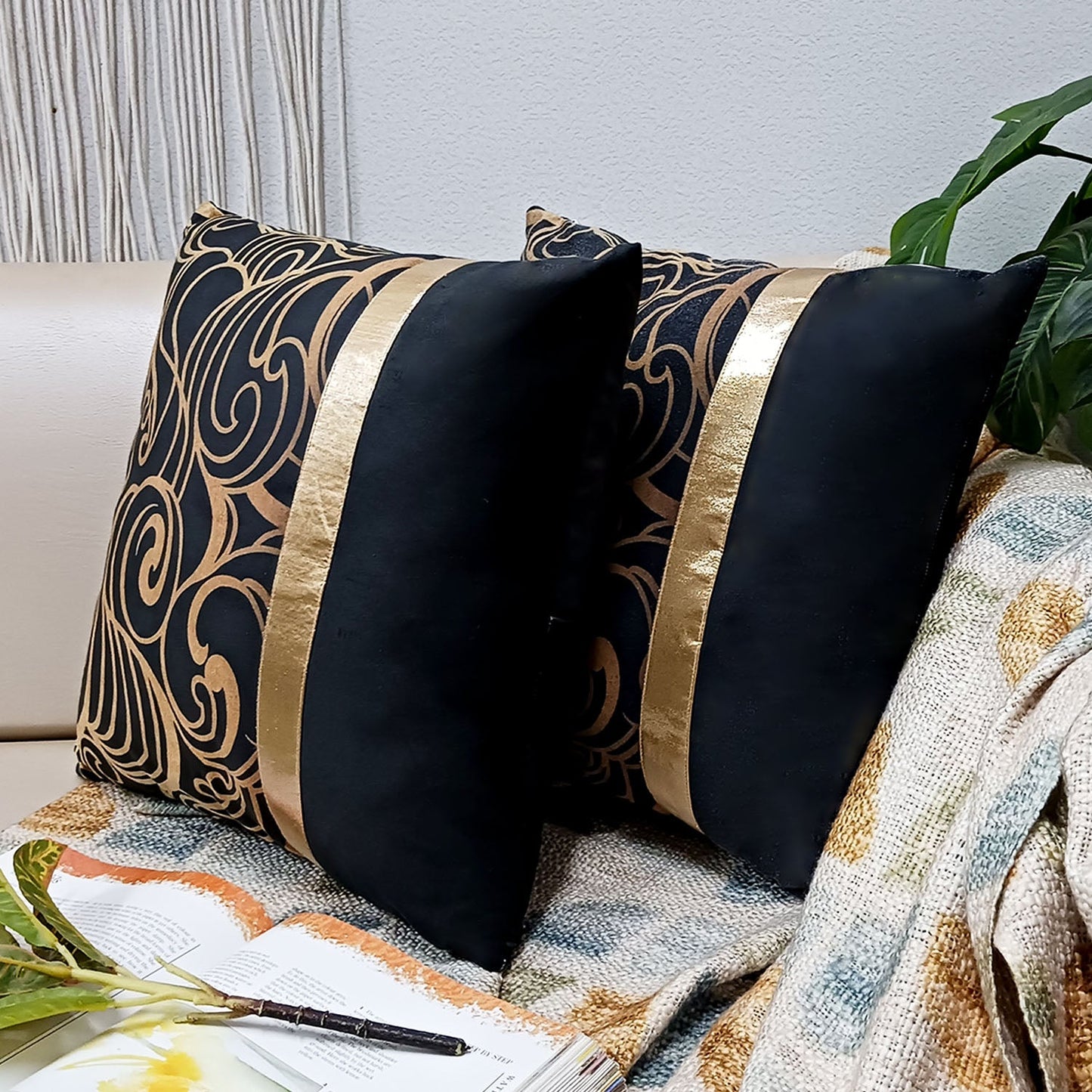 Cushion Covers Super Soft – Beautiful Golden Touch Black Ethnic Design  – Best Price 40cm x 40cm (~16″ x 16″)