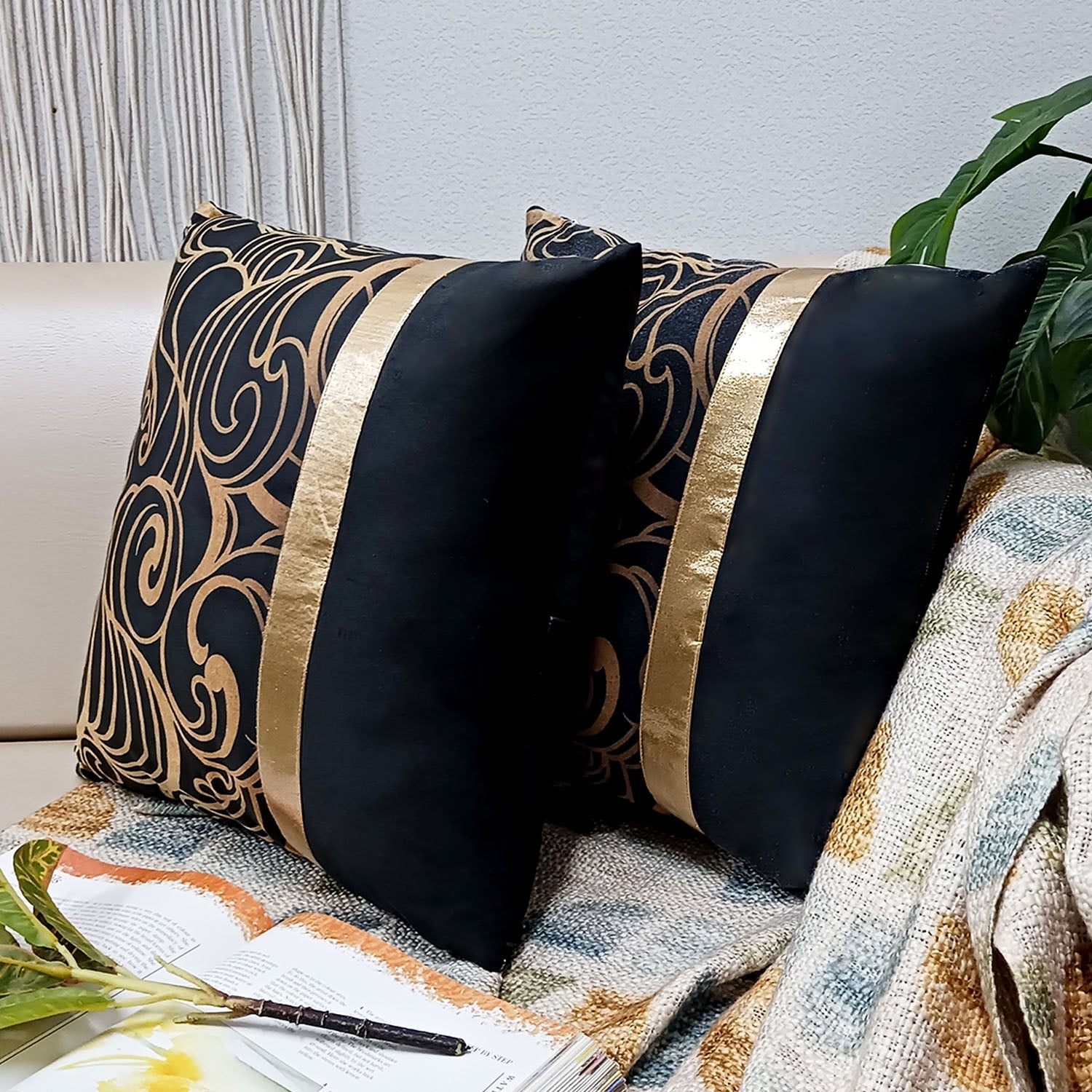 Cushion Covers Super Soft – Beautiful Golden Touch Black Ethnic Design  – 40cm x 40cm (~16″ x 16″)