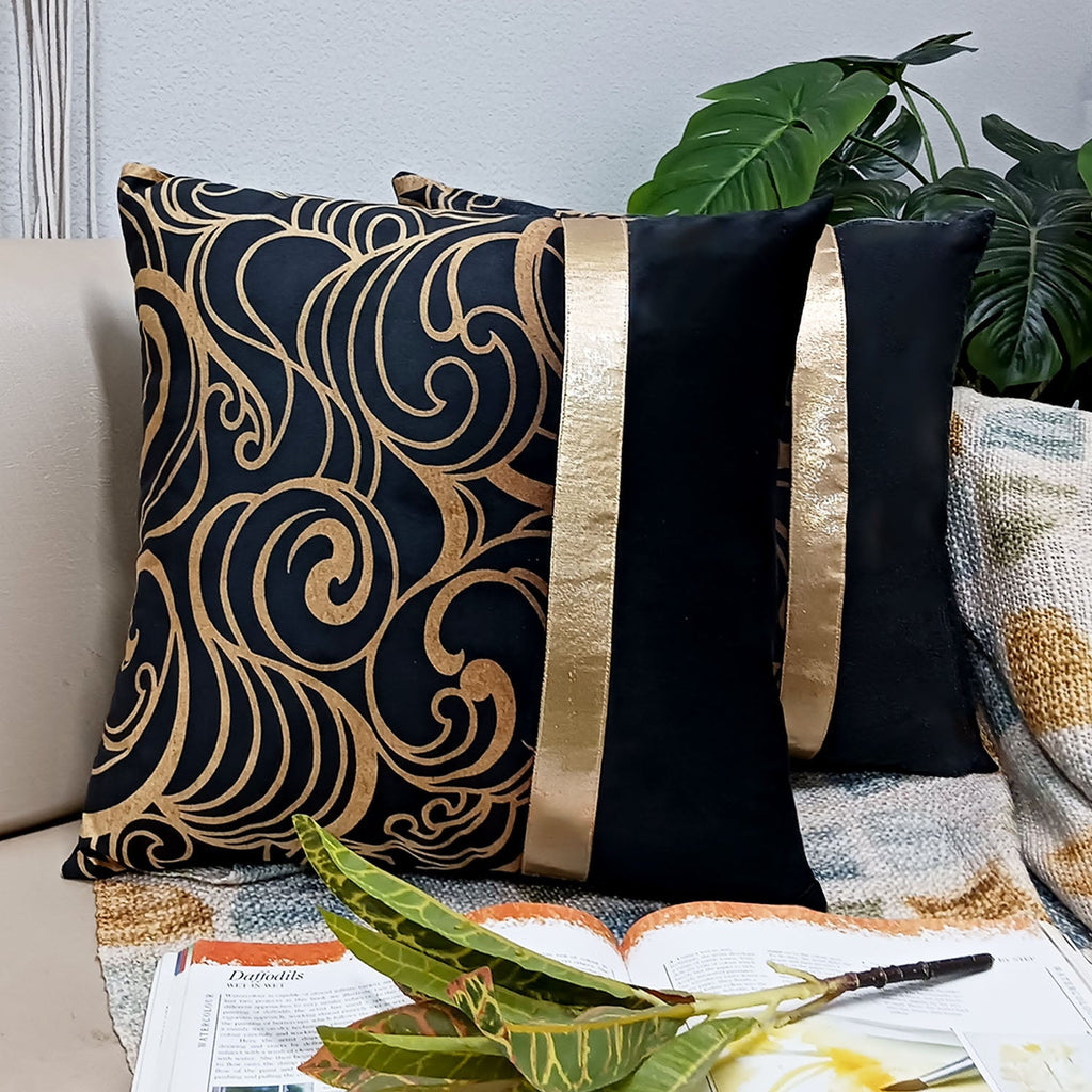 Cushion Covers Super Soft – Beautiful Golden Touch Black Ethnic Design  – 40cm x 40cm (~16″ x 16″)