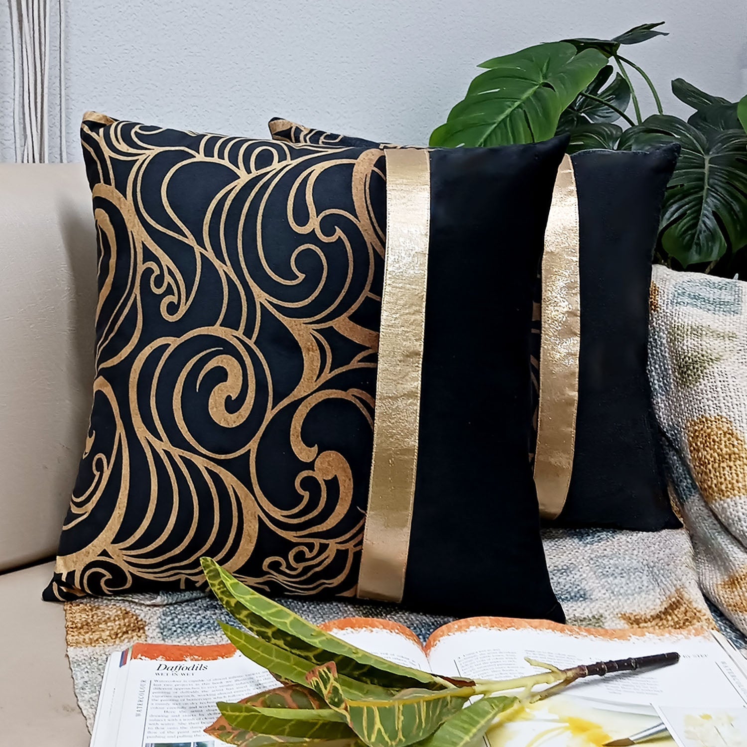 Cushion Covers Super Soft – Beautiful Golden Touch Black Ethnic Design  – 40cm x 40cm (~16″ x 16″)