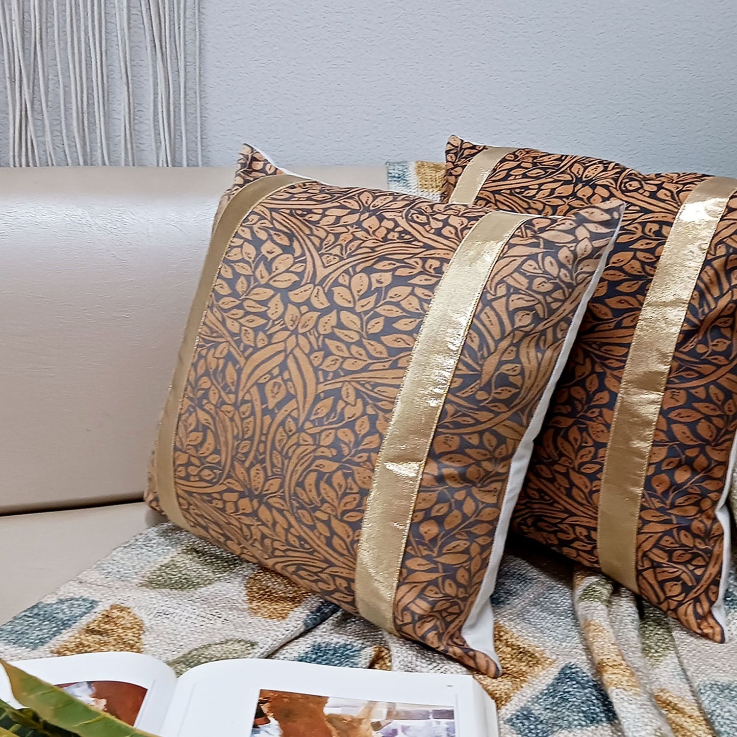 Cushion Covers Super Soft – Beautiful Golden Touch Brown Leaves Design  – Best Price 40cm x 40cm (~16″ x 16″)