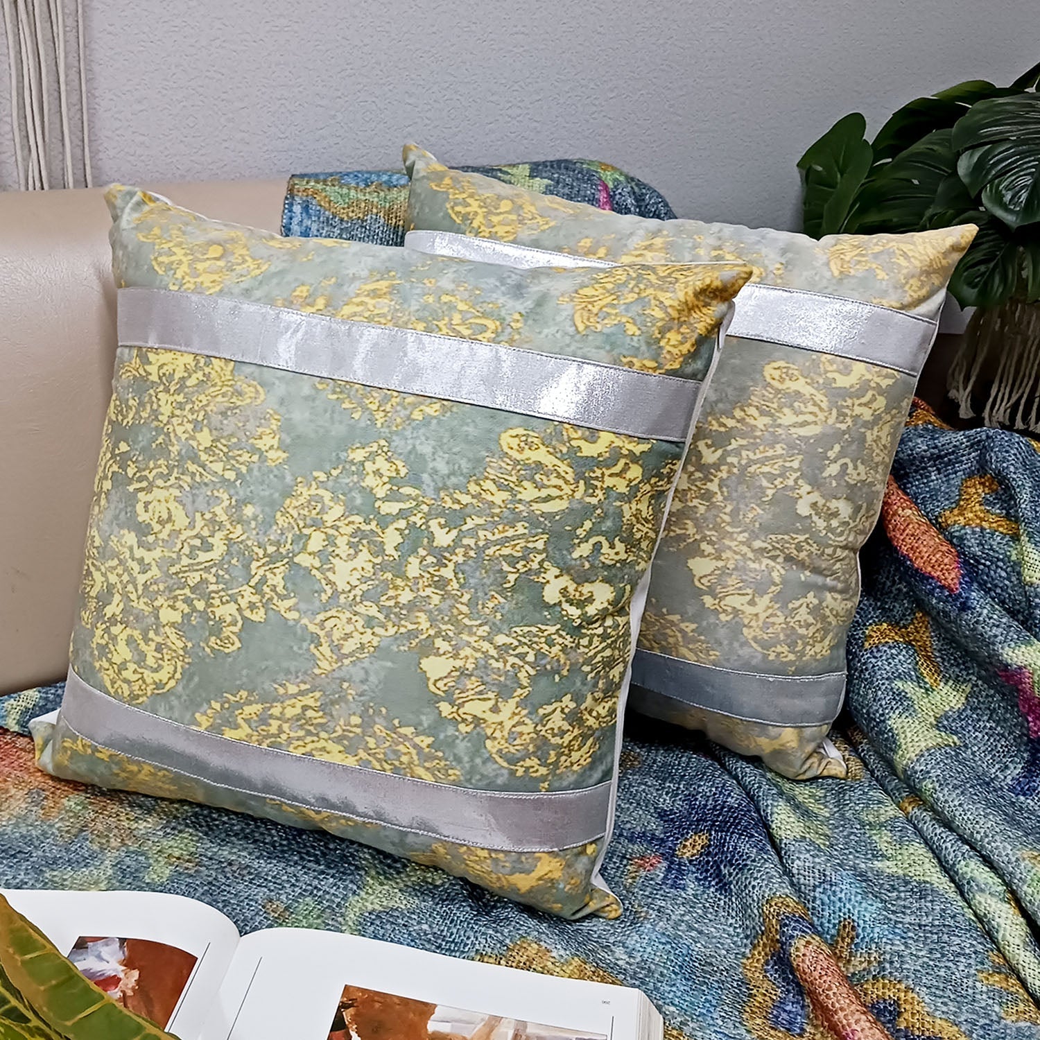 Cushion Covers Super Soft – Beautiful Golden Touch Yellow And Grey Abstract  –  40cm x 40cm (~16″ x 16″)