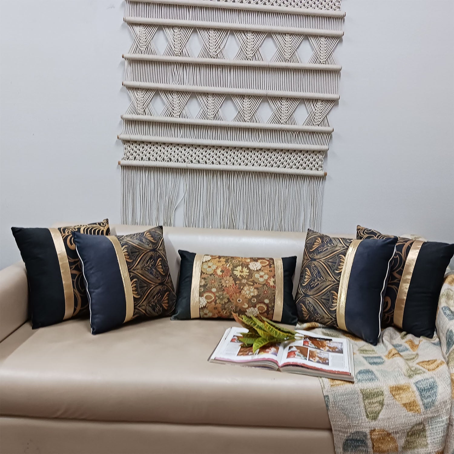 Cushion Covers Super Soft – Beautiful Golden Touch Black Floral  – 30cm x 50cm (~12″ x 20″)