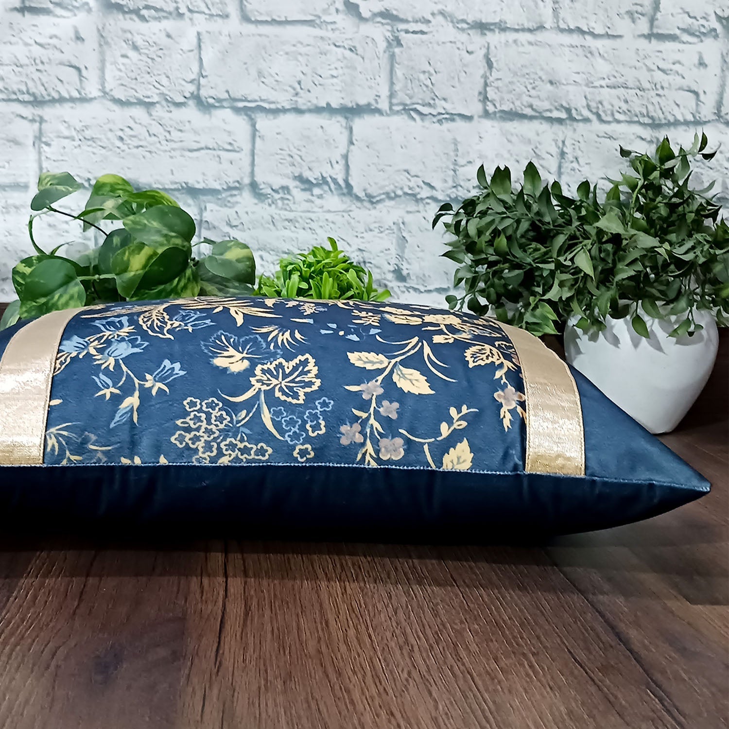 Cushion Covers Super Soft – Beautiful Golden Touch Navy Blue Floral  – 30cm x 50cm (~12″ x 20″)
