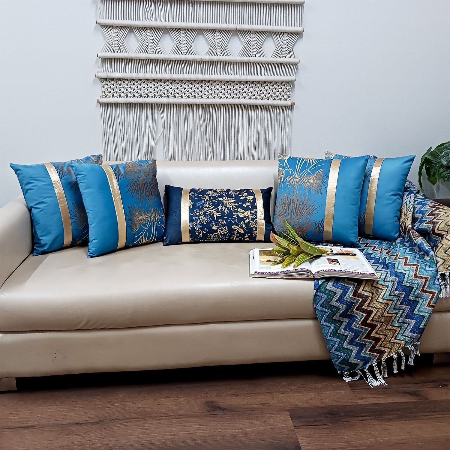 Cushion Covers Super Soft – Beautiful Golden Touch Navy Blue Floral  – 30cm x 50cm (~12″ x 20″)