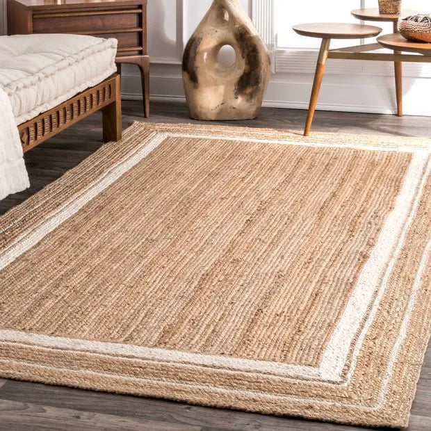 Jute (Natural and Bleached Jute) Handmade Braided Rugs | Natural & White Jute Border Area Rug | Avioni- Premium Collection