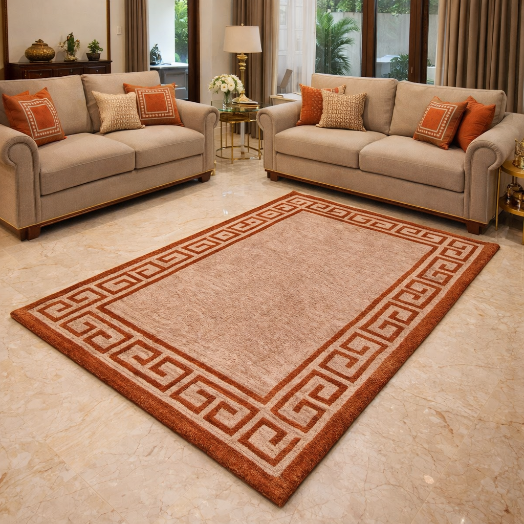 Avioni Luxury Collection- Plush Luxury Beige and Brown Carpet with Greek Border Design -Different Sizes- Carpet for Living Room